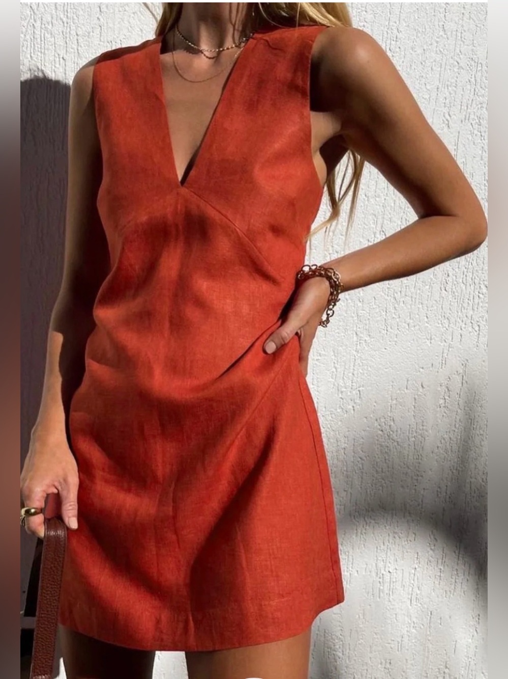 Commense Cotton & Linen V-Neck Mini Dress- Red
